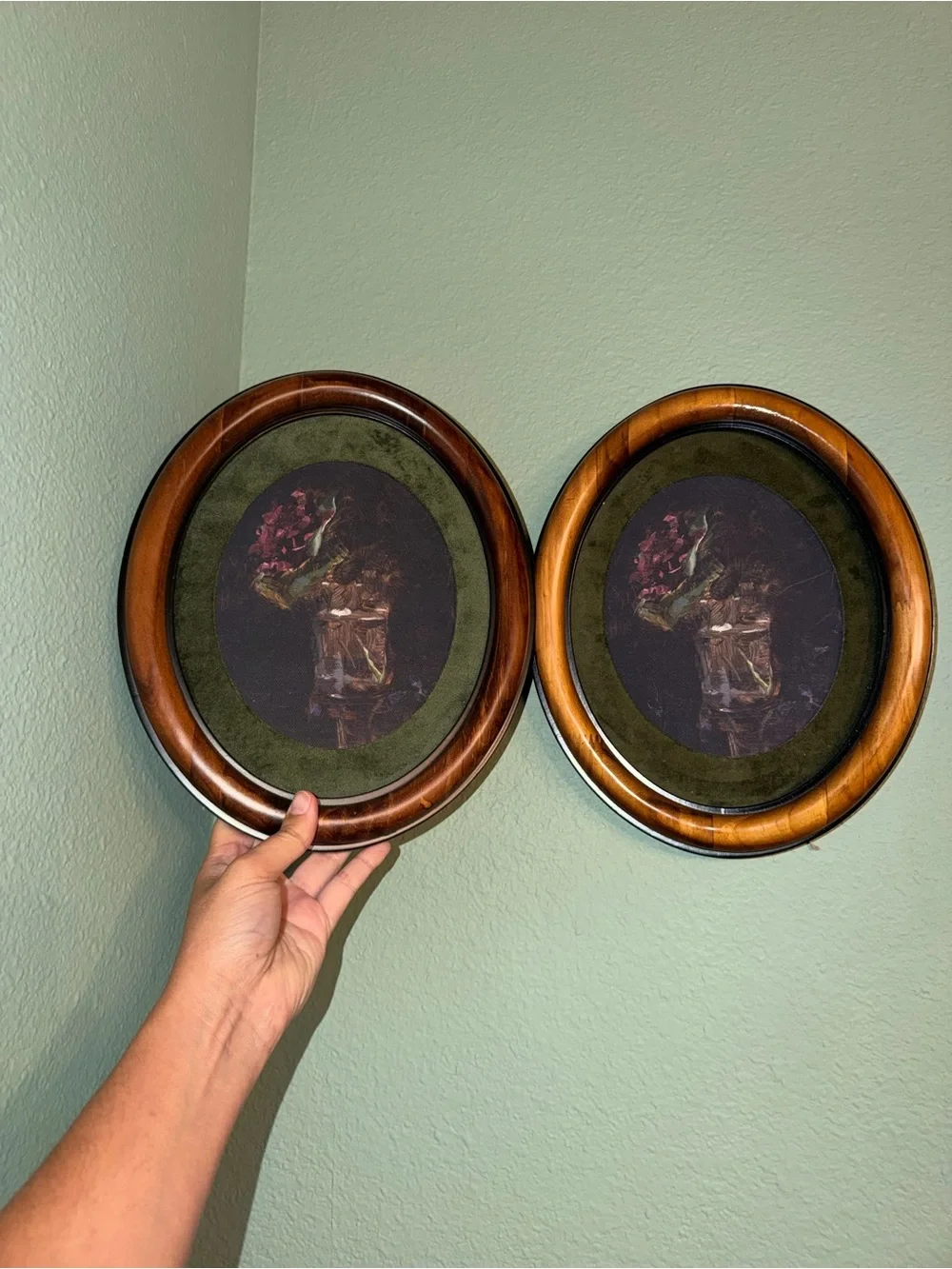 (2) Studio McGee Brown Wood Oval Wall Art Flowers in Vases